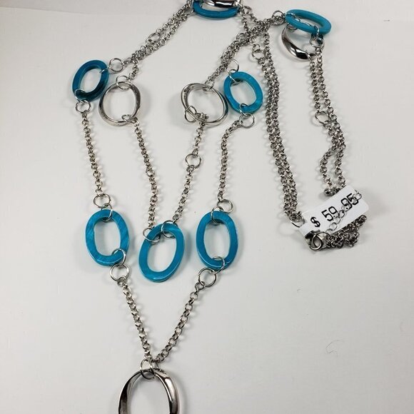 Silver & Turquoise Oval Link Layered Statement Necklace - 38" Women's  Jewelry - Picture 9 of 10